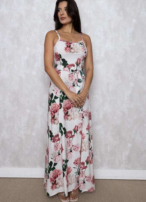 Miss Misses - Vestido Miss Misses Longo com Fenda Estampa Floral Vermelho