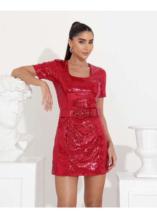 Miss Misses - Vestido Miss Misses Manga Curta Paete com Ziper Vermelho Vermelho