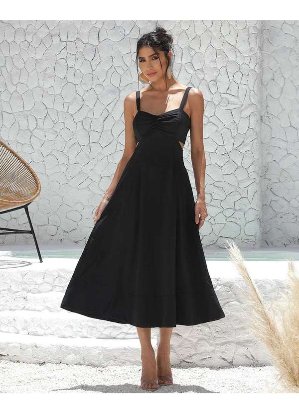 Vestido Miss Misses Midi Alfaiataria com Alcas Preto Preto - Dress Us