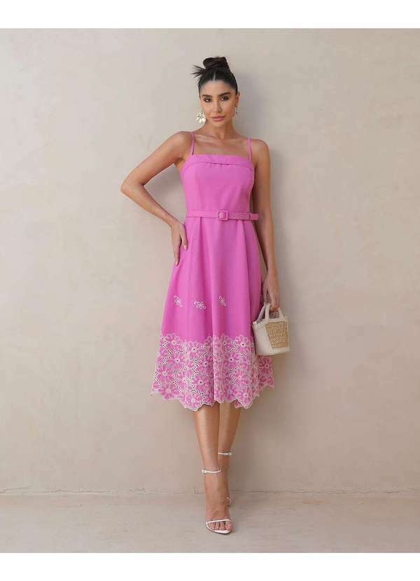 Miss Misses - Vestido Miss Misses Midi Bordado com Cinto Rosa Rosa