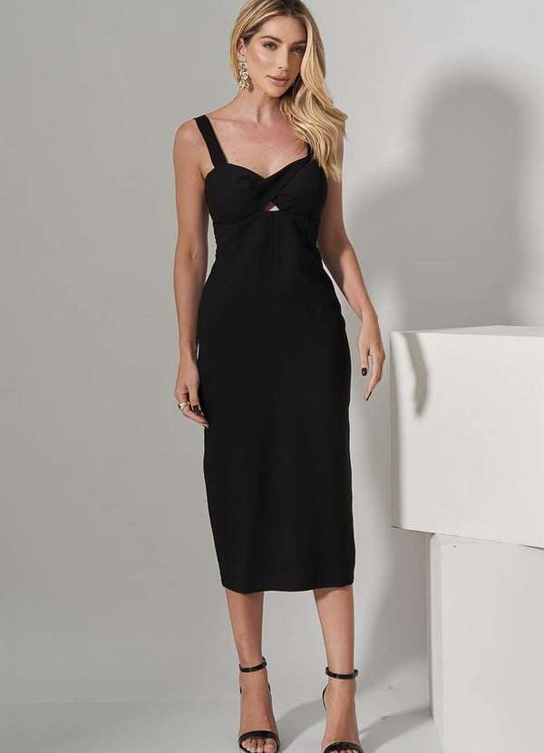 Miss Misses - Vestido Miss Misses Midi com Bojo Decote Torcido Preto Preto