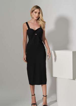 Vestido Miss Misses Midi com Bojo Decote Torcido Preto - Dress Us