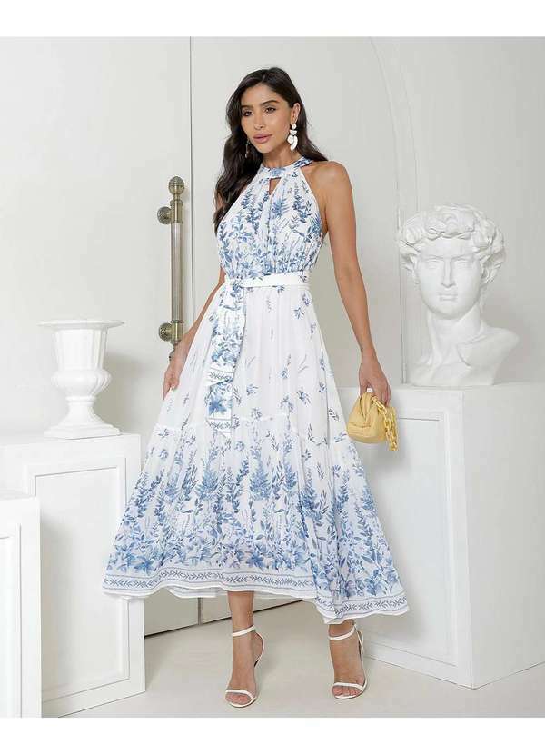 Miss Misses - Vestido Miss Misses Midi Estampado Chiffon Azul Azul