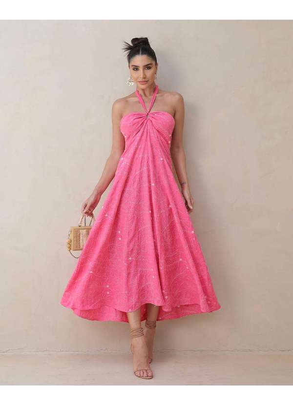 Miss Misses - Vestido Miss Misses Midi Linho Bordado Rosa Rosa