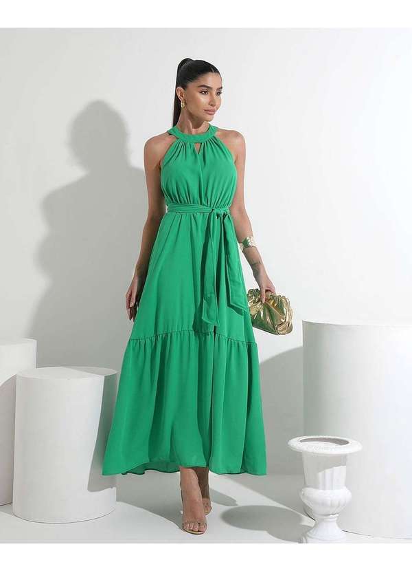 Miss Misses - Vestido Miss Misses Midi Liso Chiffon Verde Verde