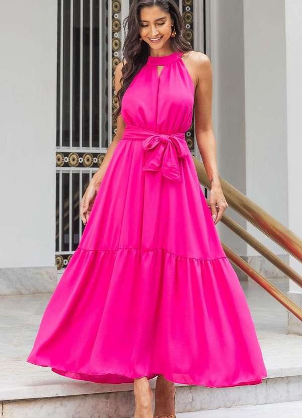 Miss Misses - Vestido Miss Misses Midi Liso Chiffon Rosa