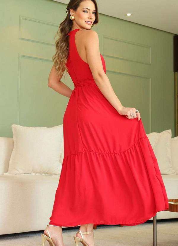 Miss Misses - Vestido Miss Misses Midi Liso Chiffon Vermelho 2