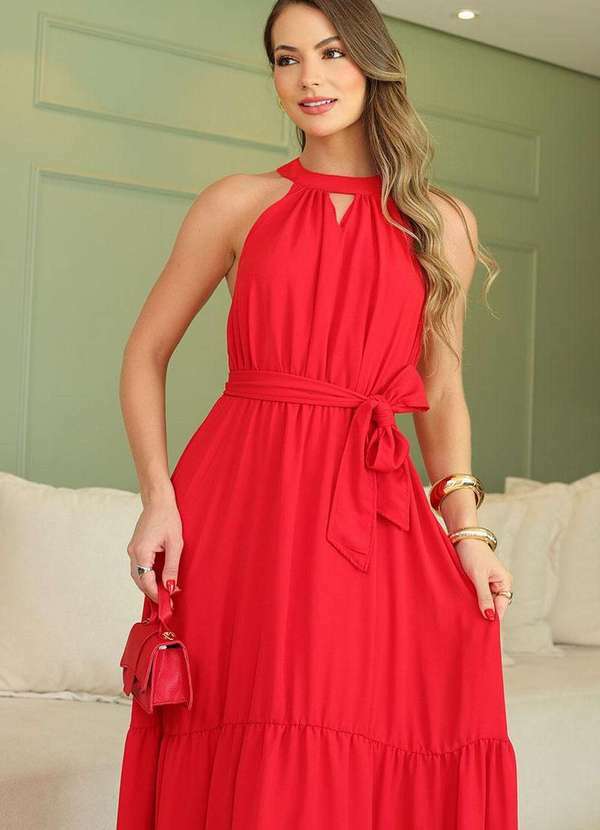 Miss Misses - Vestido Miss Misses Midi Liso Chiffon Vermelho 3