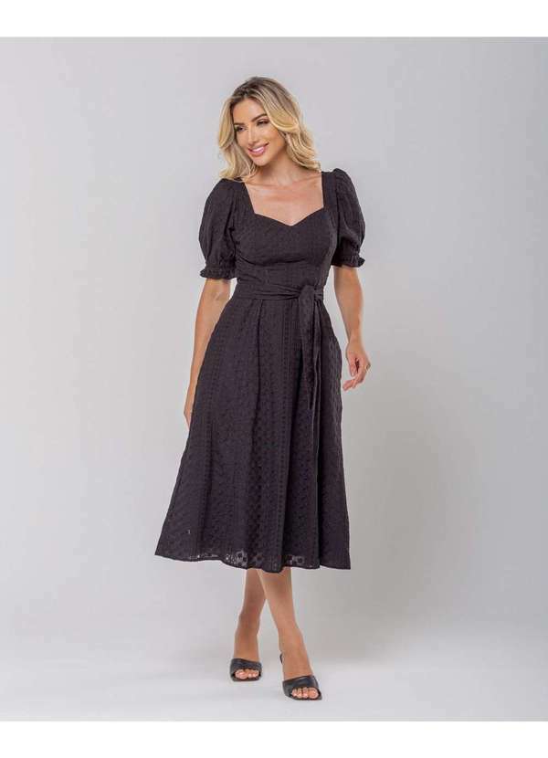 Miss Misses - Vestido Miss Misses Midi Manga Princesa com Faixa Preto Preto