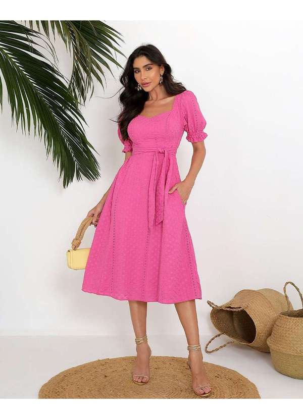 Miss Misses - Vestido Miss Misses Midi Manga Princesa com Faixa Rosa Rosa