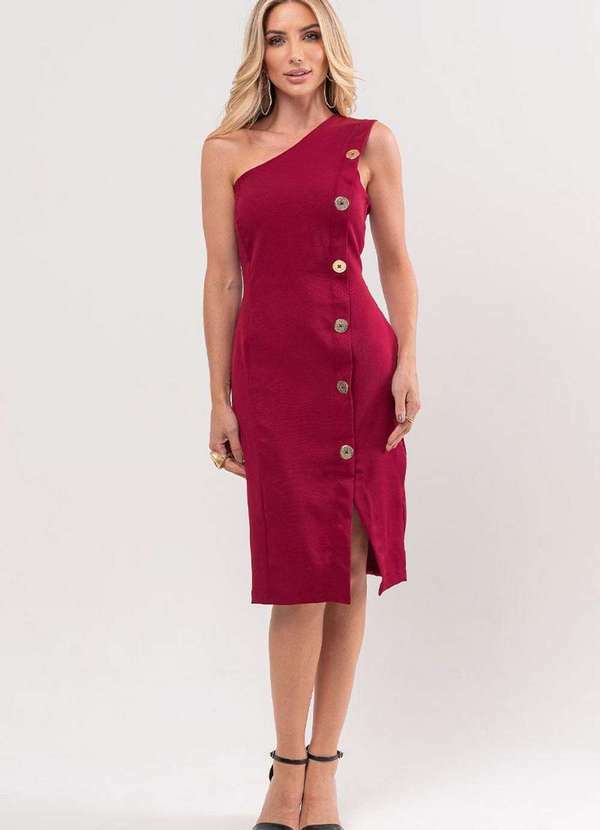 Miss Misses - Vestido Miss Misses Midi Ombro So com Botao Bordo Roxo