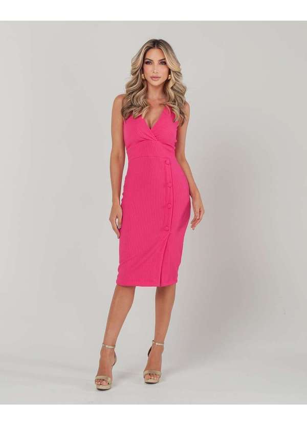 Miss Misses - Vestido Miss Misses Midi Transpassado Botoes Rosa Rosa