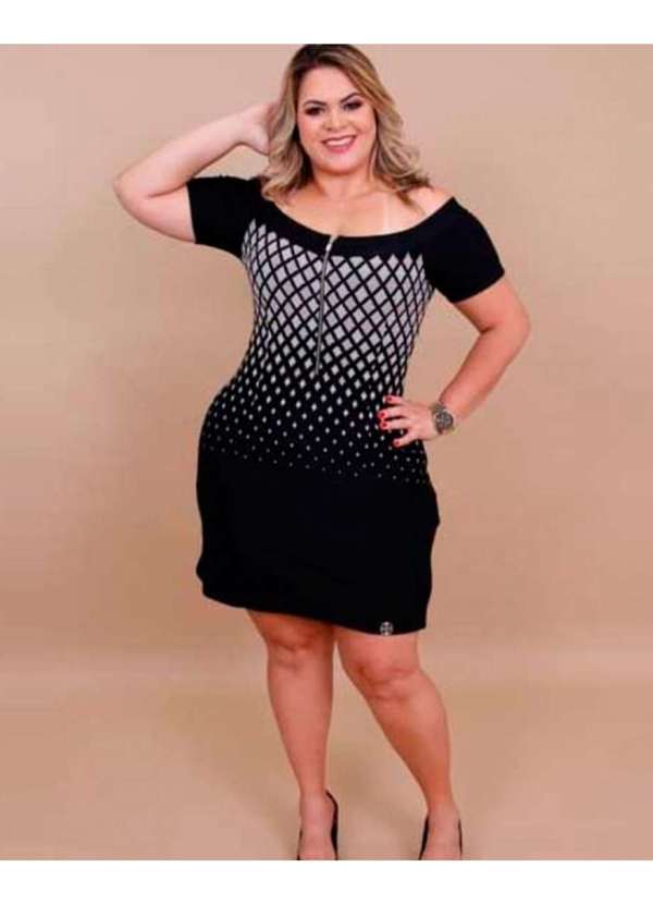 Miss Misses - Vestido Miss Misses Plus Size Estampado Preto