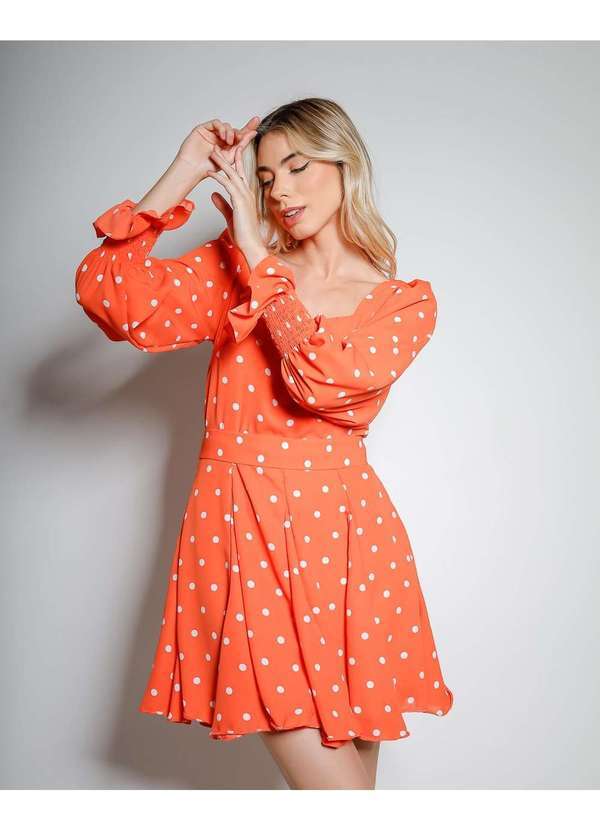 Miss Misses - Vestido Miss Misses Poa Manga Longa Rodado com Faixa Laranja Laranja