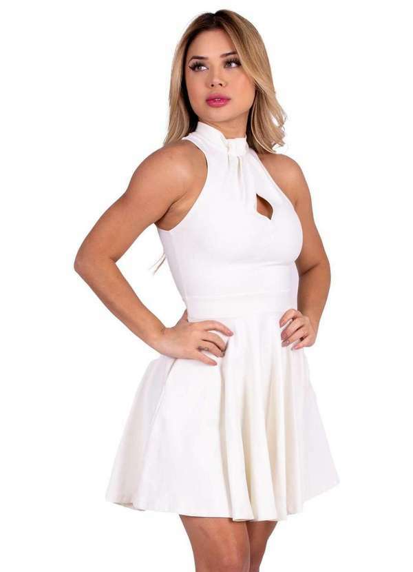 Miss Misses - Vestido Miss Misses Rodado Liso com Pregas no Decote Off-White Branco