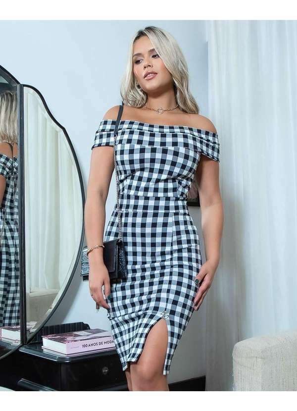 Miss Misses - Vestido Miss Misses Tubinho Xadrez Ombro a Ombro Preto Preto