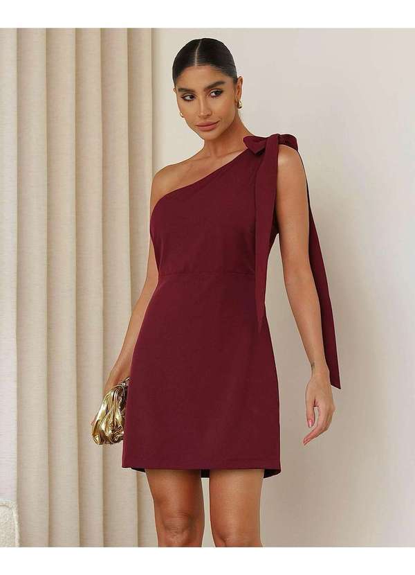 Miss Misses - Vestido Miss Misses um Ombro So com Faixa Bordo Vermelho