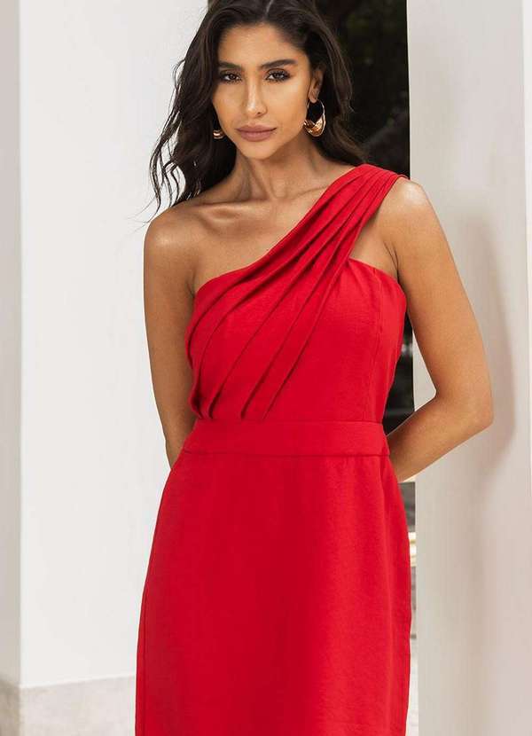 Miss Misses - Vestido Miss Misses um Ombro So com Pregas Vermelho