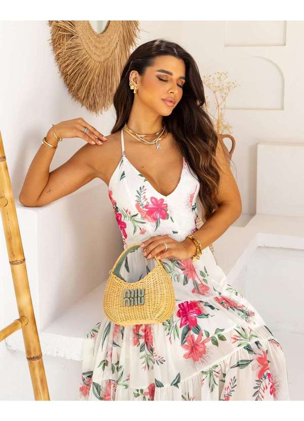 Oxigenio - Vestido Oxigenio Longo com  Alca Estampado Offwhite Branco 4