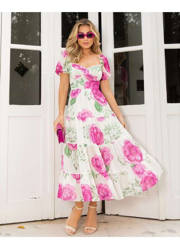 Oxigenio - Vestido Oxigenio Midi com Alca Estampado Rosa Rosa