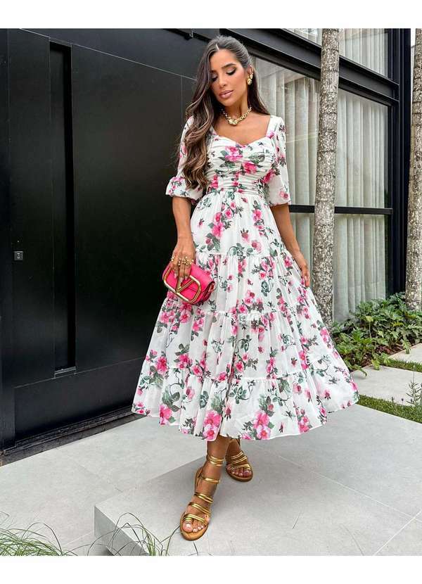 Oxigenio - Vestido Oxigenio Midi Manga Curta Estampado Rosa Rosa