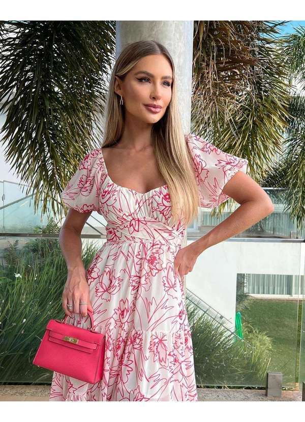 Oxigenio - Vestido Oxigenio Midi Rodado Florido Offwhite e Rosa Branco