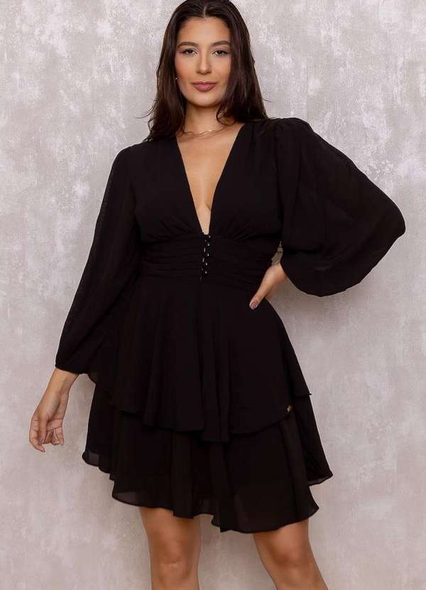 Oxigenio - Vestido Oxigenio Rodado Manga 3/4 Preto 5