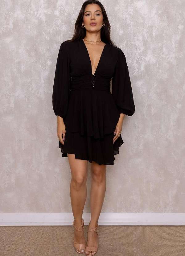 Oxigenio - Vestido Oxigenio Rodado Manga 3/4 Preto 6