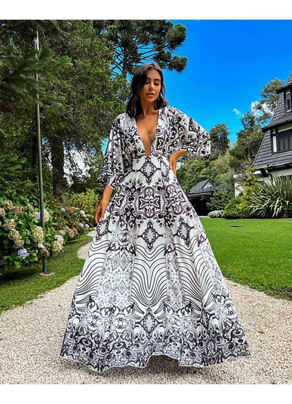Pimpnella - Vestido Pimpnella Longo Estampas Paisley Preto e Branco Preto