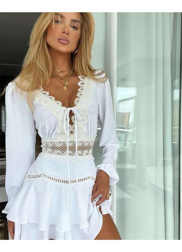 Pimpnella - Vestido Pimpnella Rodado Renda Branca Branco