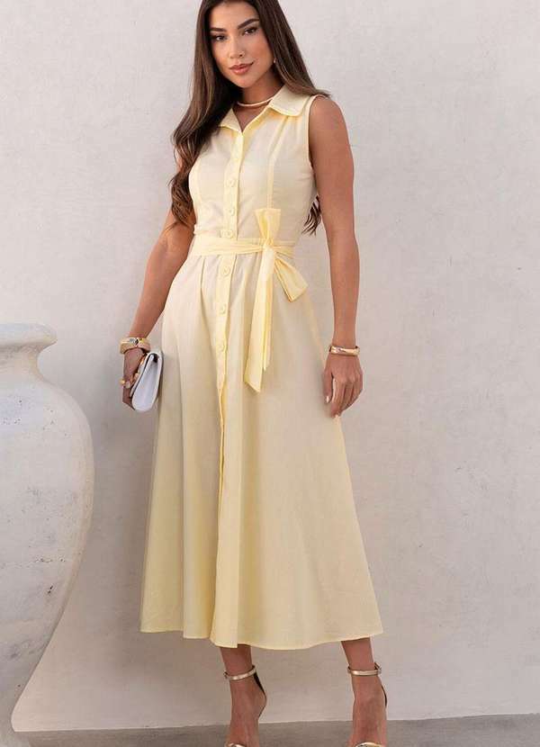 Miss Misses - Vestido Rose Midi Aberto C/Botao e Faixa Amarelo
