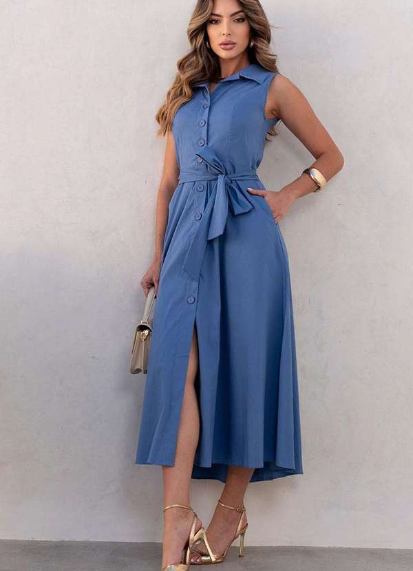 Miss Misses - Vestido Rose Midi Aberto C/Botao e Faixa Azul