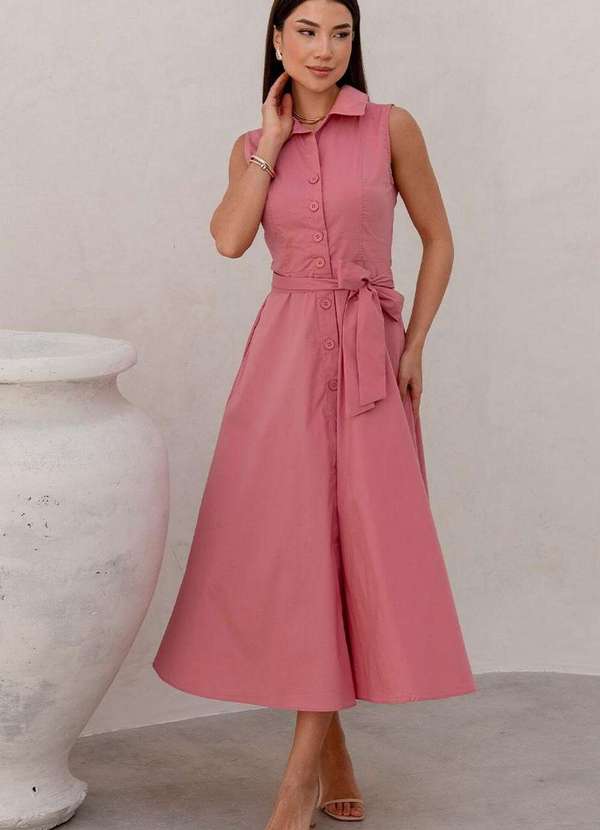 Miss Misses - Vestido Rose Midi Aberto C/Botao e Faixa Rosa