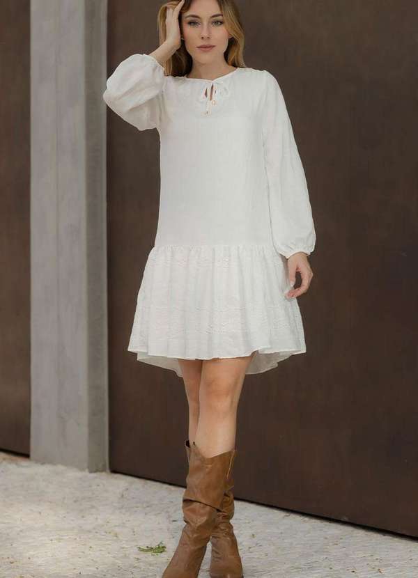 Miss Misses - Vestido Roseli Manga Longa C/Babado Bordado Branco