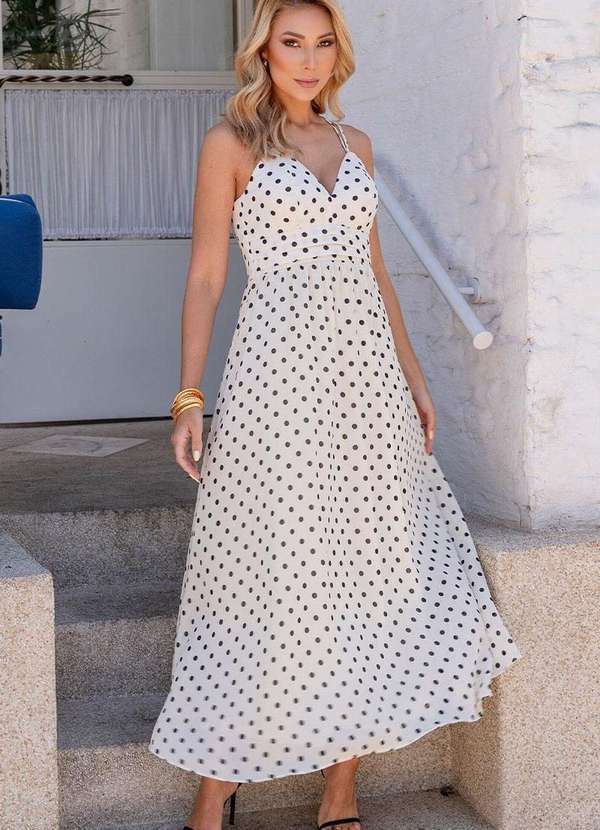 Miss Misses - Vestido Salete Midi Poa C/Ziper Costa Bege