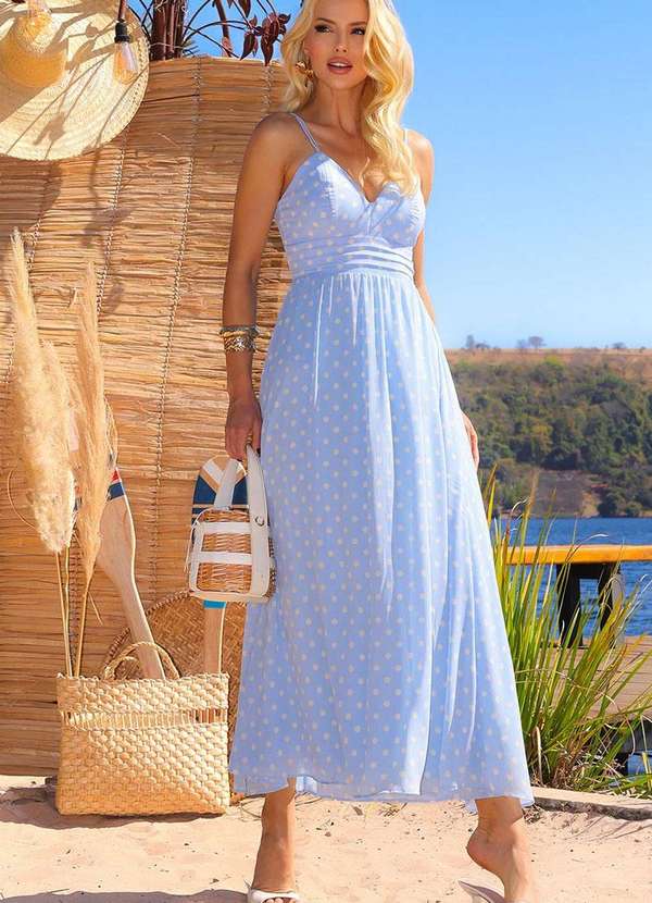 Miss Misses - Vestido Salete Midi Poa C/Ziper Costa Azul 3