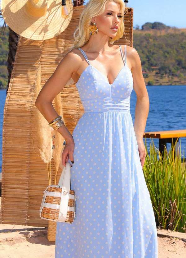 Miss Misses - Vestido Salete Midi Poa C/Ziper Costa Azul 5