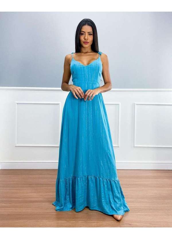 Salgunamu - Vestido Salgunamu Longo com Fios de Lurex Azul Azul