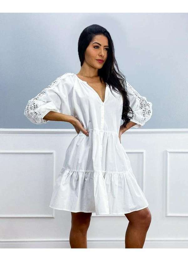 Salgunamu - Vestido Salgunamu Rodado com Manga Offwhite Branco