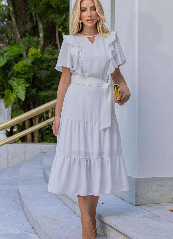 Miss Misses - Vestido Silvia com Guipir e com Faixa Branco