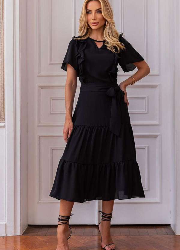 Miss Misses - Vestido Silvia com Guipir e com Faixa Preto