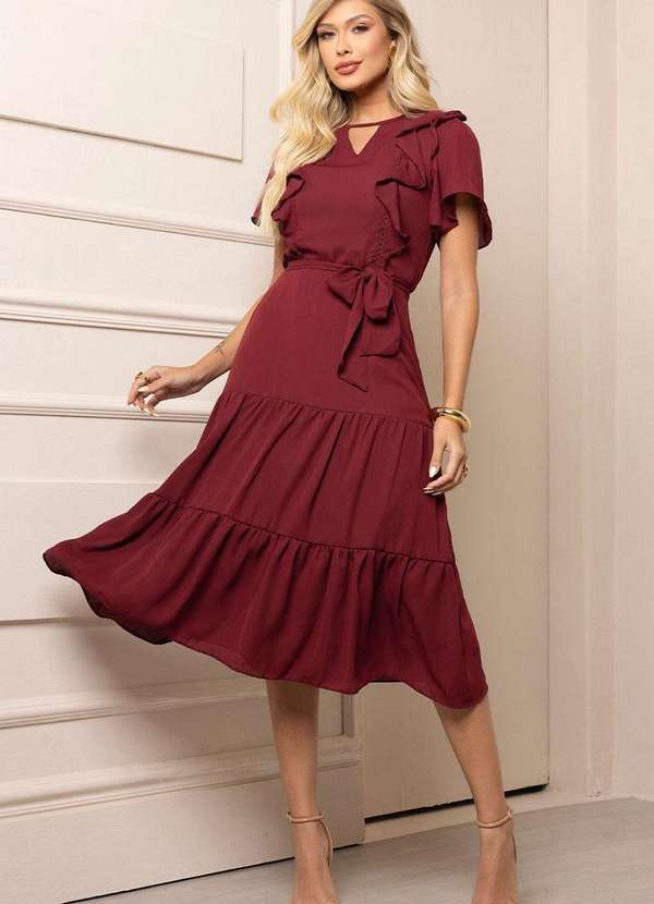 Miss Misses - Vestido Silvia com Guipir e com Faixa Vermelho