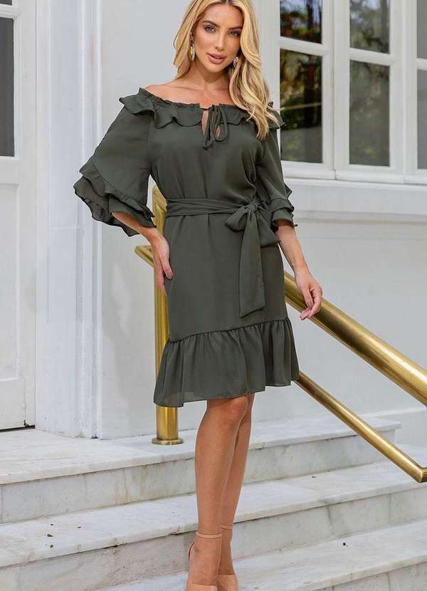 Miss Misses - Vestido Simone Crepe Ombro a Ombro com Faixa Verde