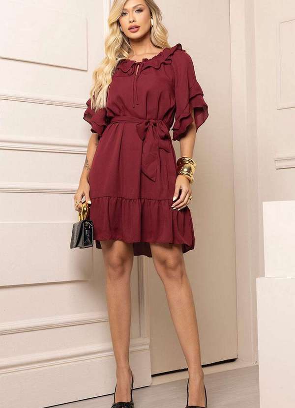 Miss Misses - Vestido Simone Crepe Ombro a Ombro com Faixa Vermelho