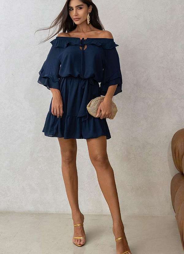 Miss Misses - Vestido Simone Crepe Ombro a Ombro com Faixa Azul