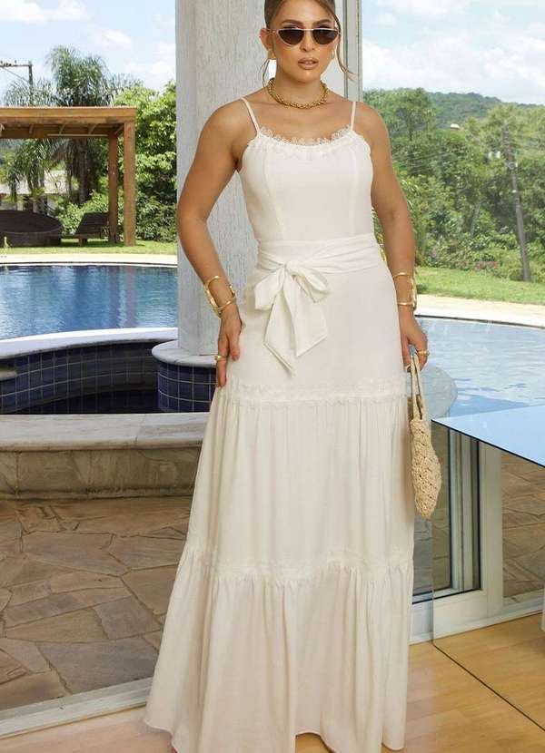 Miss Misses - Vestido Taina Longo com Faixa e com Guipir Branco