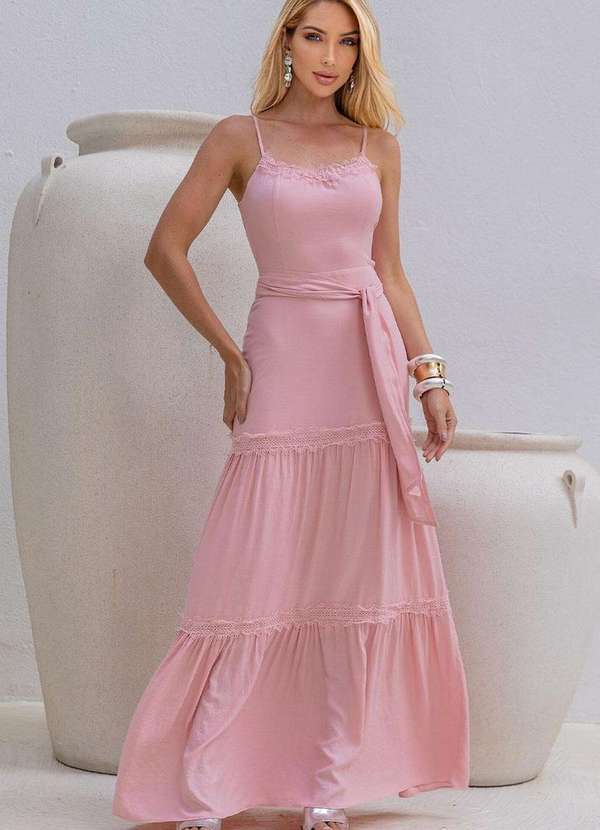 Miss Misses - Vestido Taina Longo com Faixa e com Guipir Rosa
