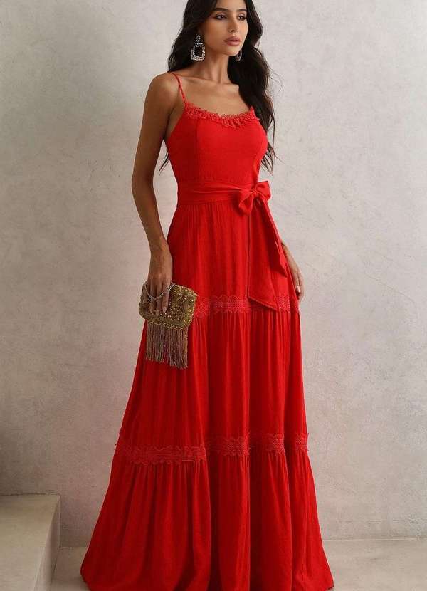 Miss Misses - Vestido Taina Longo com Faixa e com Guipir Vermelho