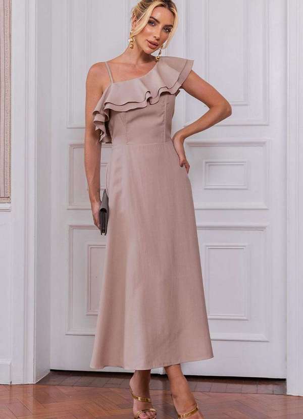 Vestido Tania Gode com Alca e com Babado Bege Dress Us