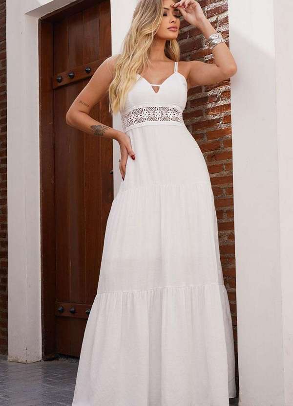 Miss Misses - Vestido Val Longo com Detalhe Guipir Branco